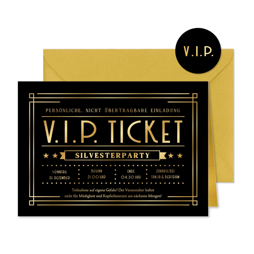 Einladung Silvesterparty V.I.P.-Ticket schwarz-gold - Karteneindruck