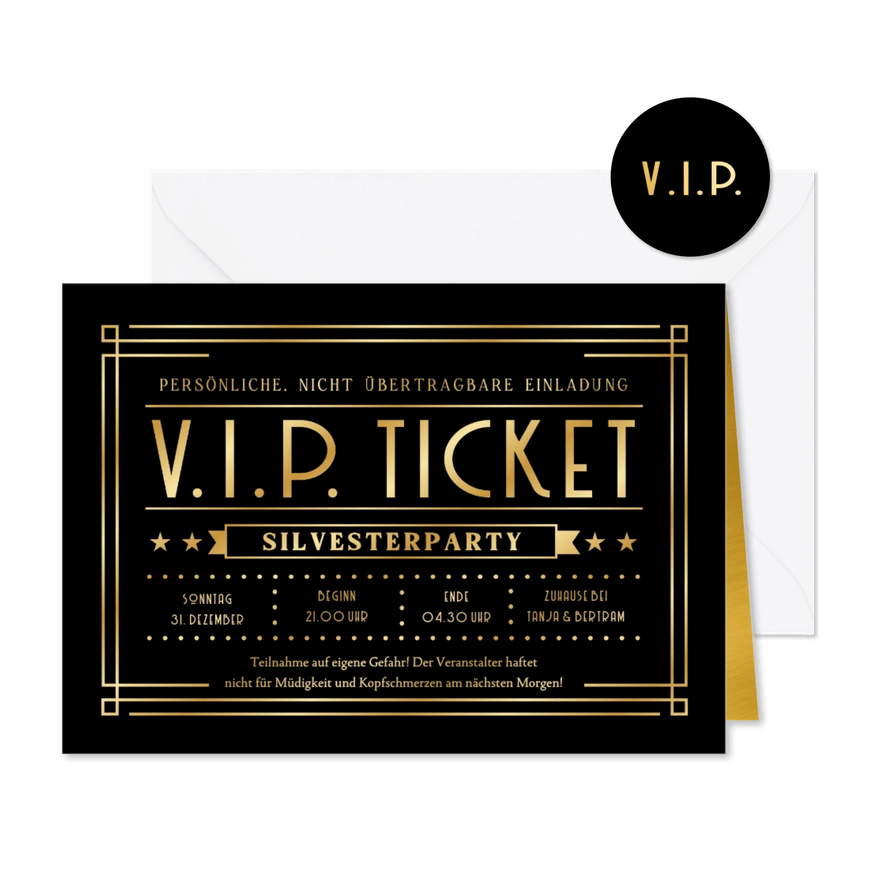 Einladung Silvesterparty V.I.P.-Ticket schwarz-gold - Karteneindruck