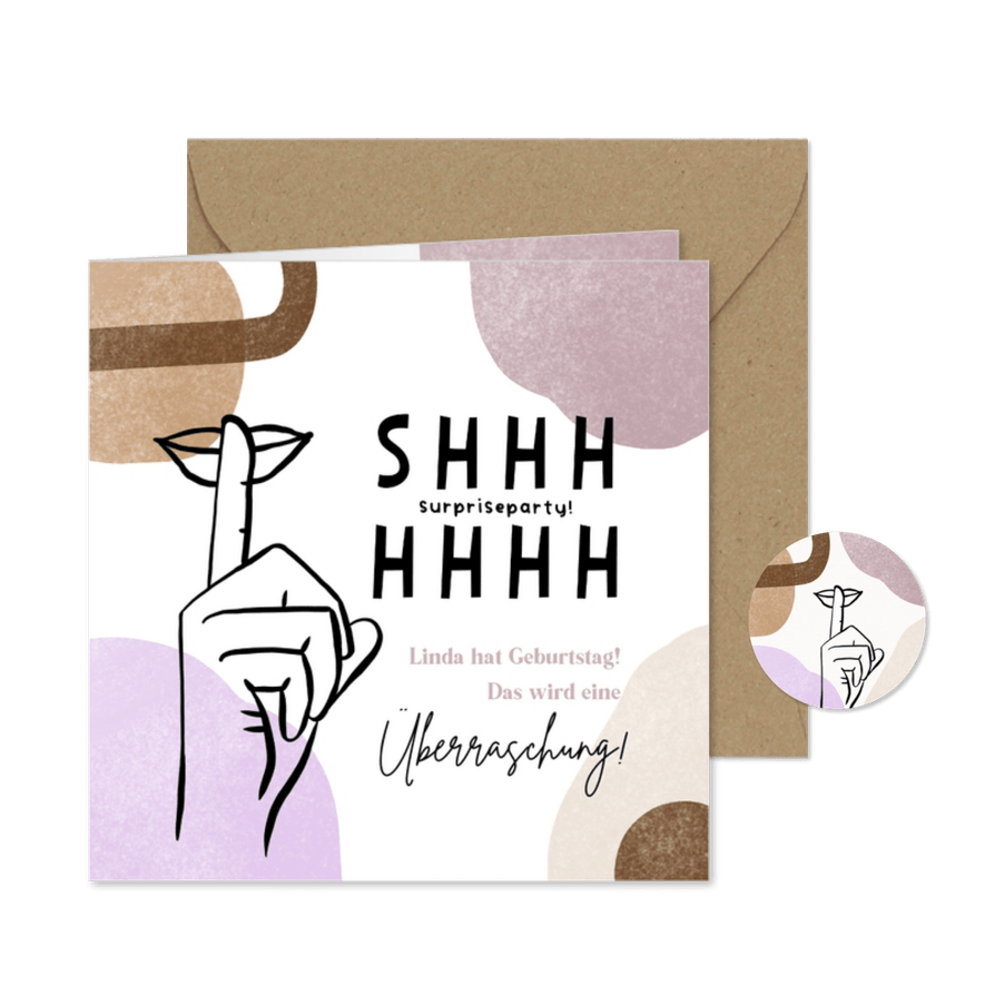 Einladung Surprise-Party lila 'Shhhh' - Karteneindruck
