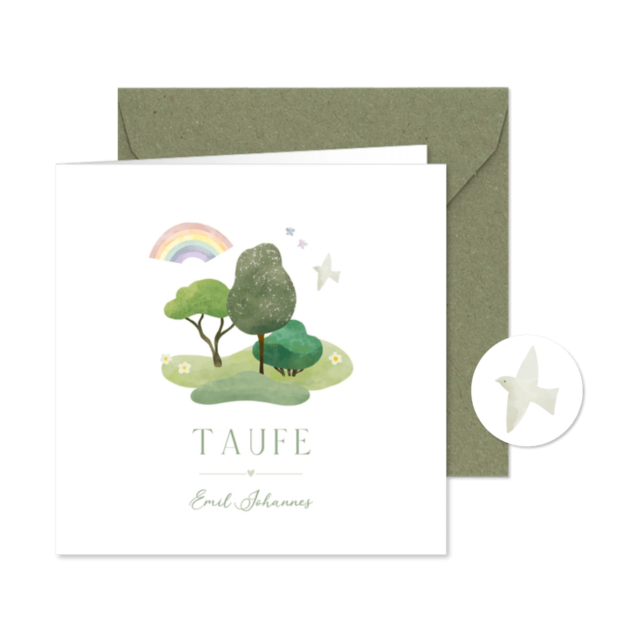 Einladung Taufe Bäume, Regenbogen & Taube - Karteneindruck