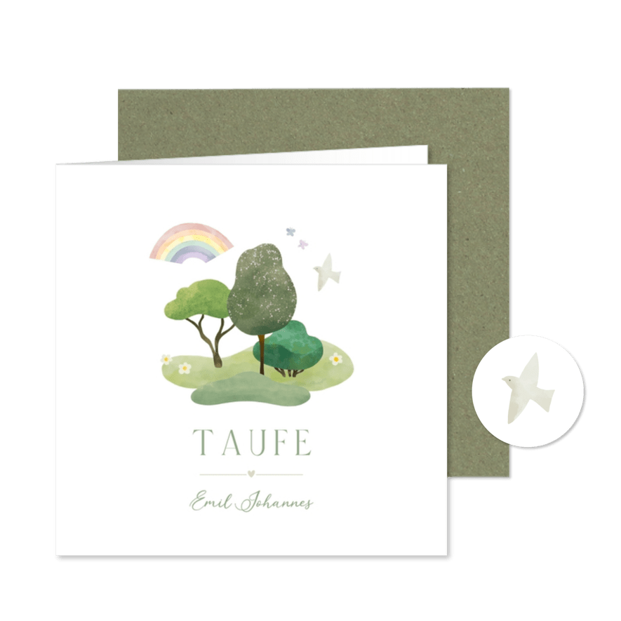 Einladung Taufe Bäume, Regenbogen & Taube - Karteneindruck
