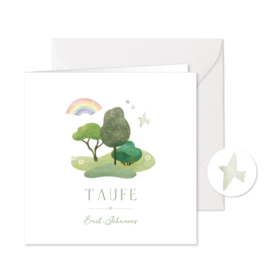 Einladung Taufe Bäume, Regenbogen & Taube - Karteneindruck
