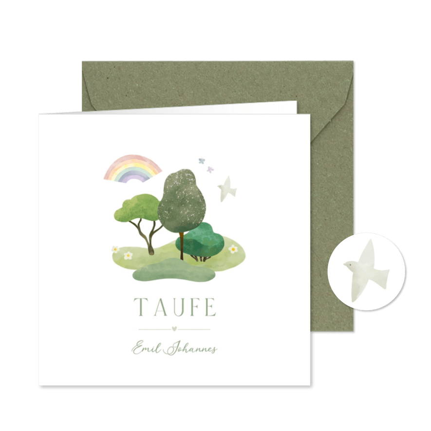 Einladung Taufe Bäume, Regenbogen & Taube - Karteneindruck