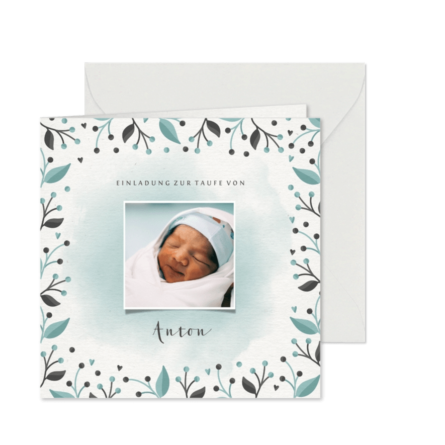 Einladung Taufe blauer Blumenrahmen Foto - Karteneindruck