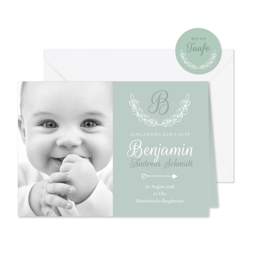 Einladung Taufe klassisch blaugrün eigenes Foto - Karteneindruck
