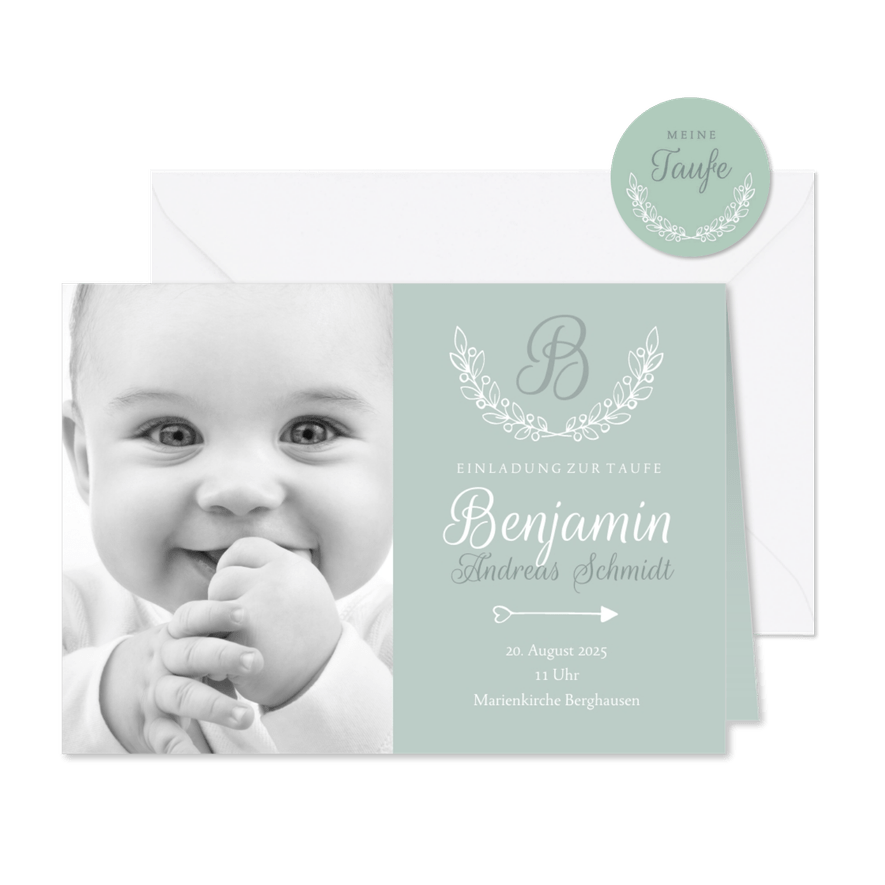 Einladung Taufe klassisch blaugrün eigenes Foto - Karteneindruck
