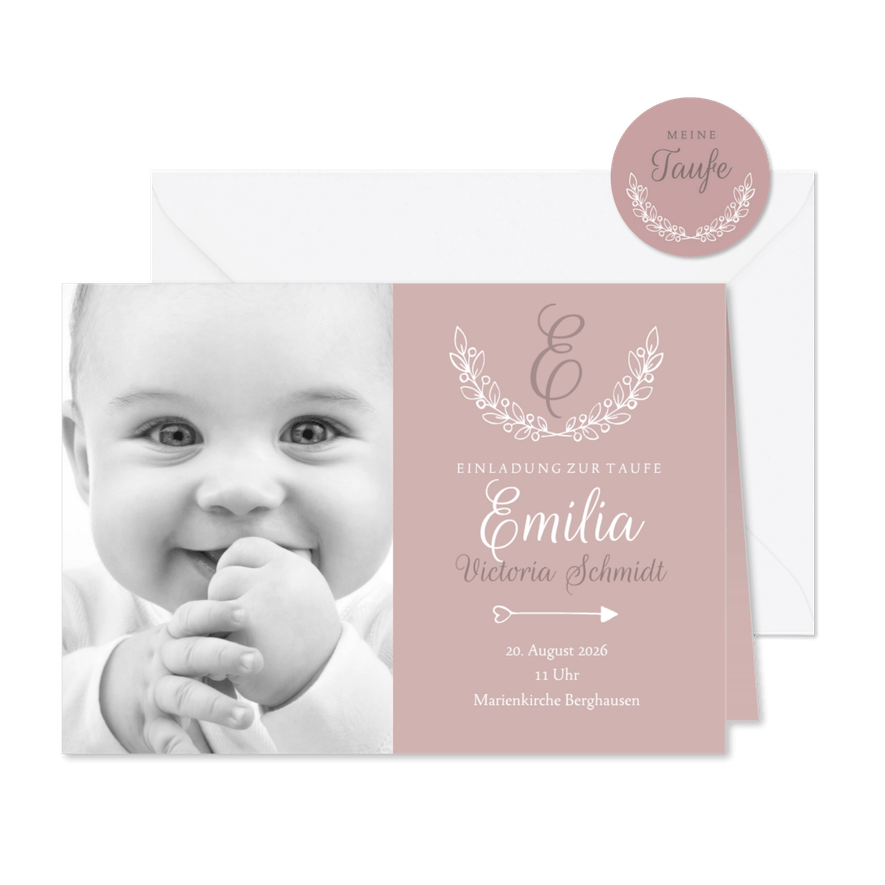 Einladung Taufe klassisch rosé eigenes Foto - Karteneindruck
