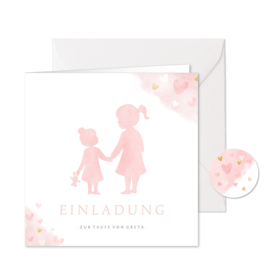 Einladung Taufe kleine & große Schwester rosa - Karteneindruck
