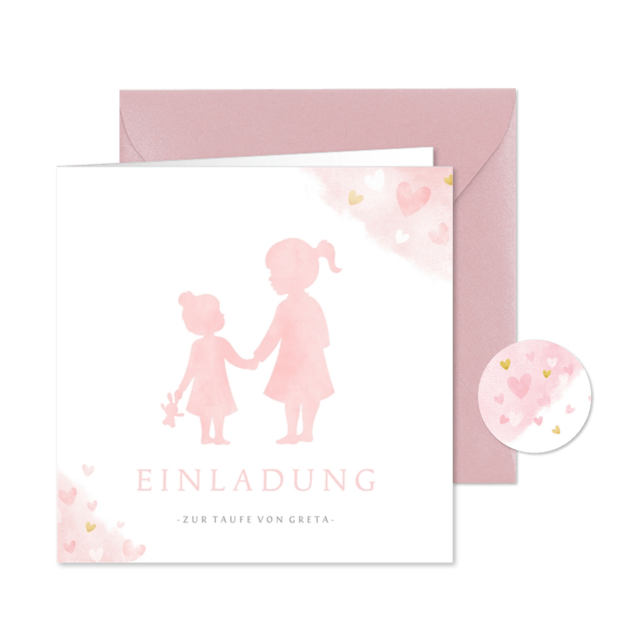 Einladung Taufe kleine & große Schwester rosa - Karteneindruck