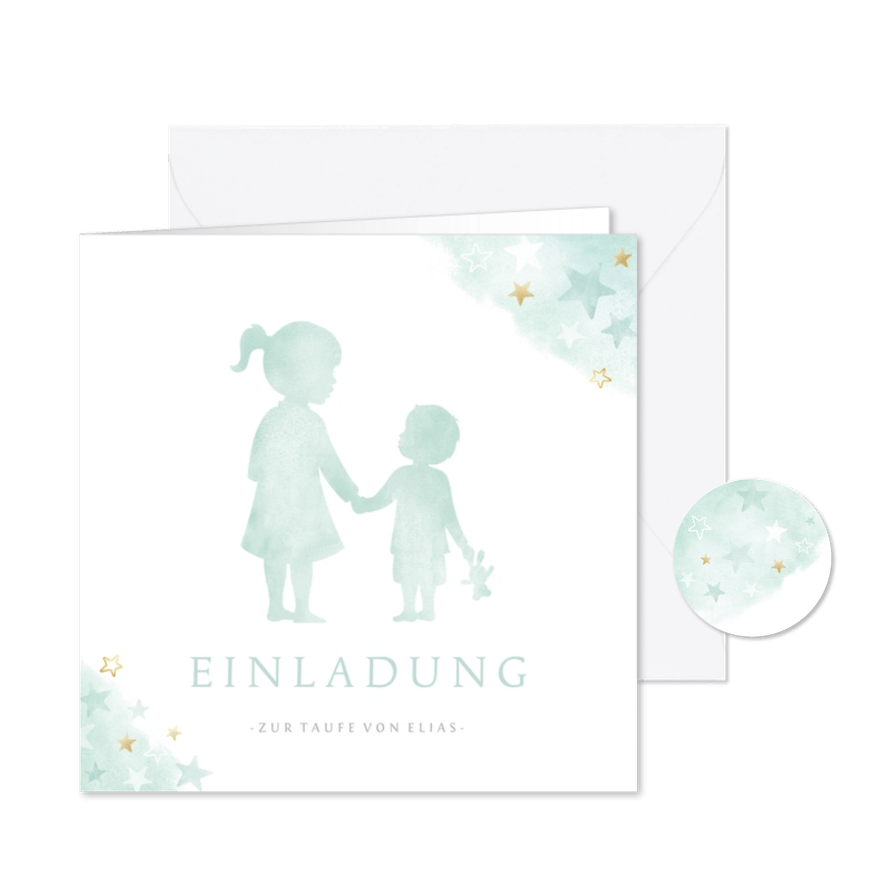 Einladung Taufe kleiner Bruder große Schwester grün - Karteneindruck