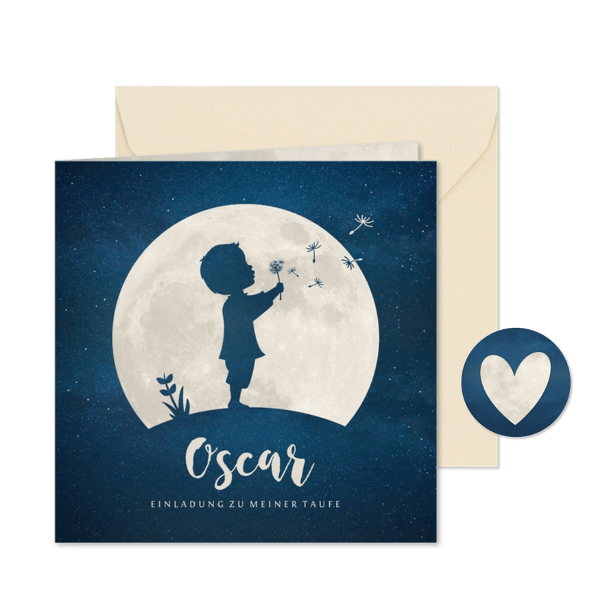 Einladung Taufe Scherenschnitt Junge & Mond - Karteneindruck
