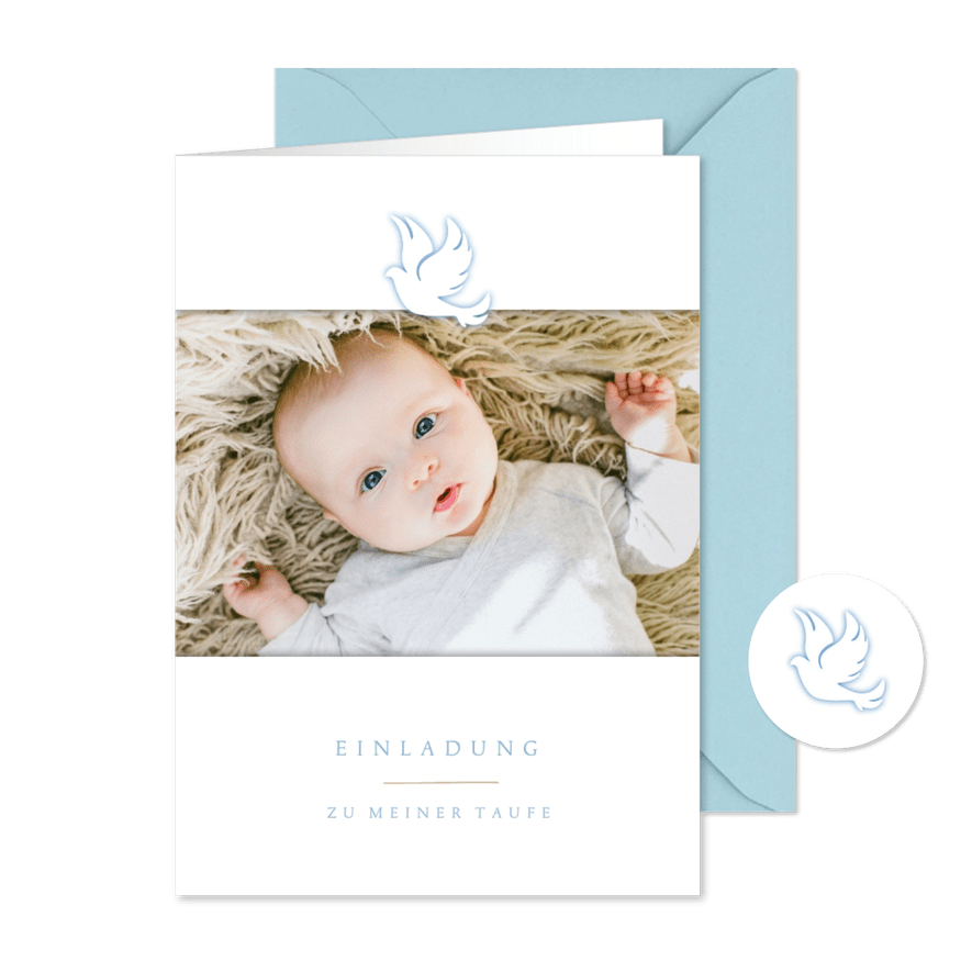 Einladung Taufkarte eigenes Foto blaue Taube - Karteneindruck