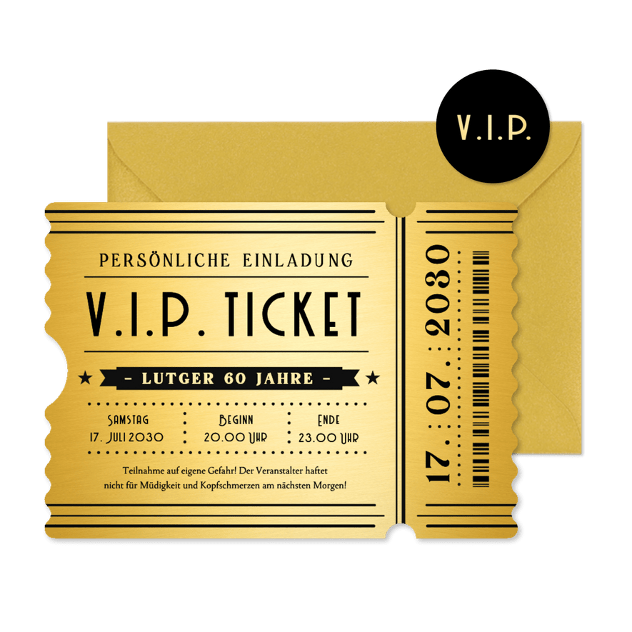 Einladung Ticketkarte gold V.I.P. 60. Geburtstag - Karteneindruck
