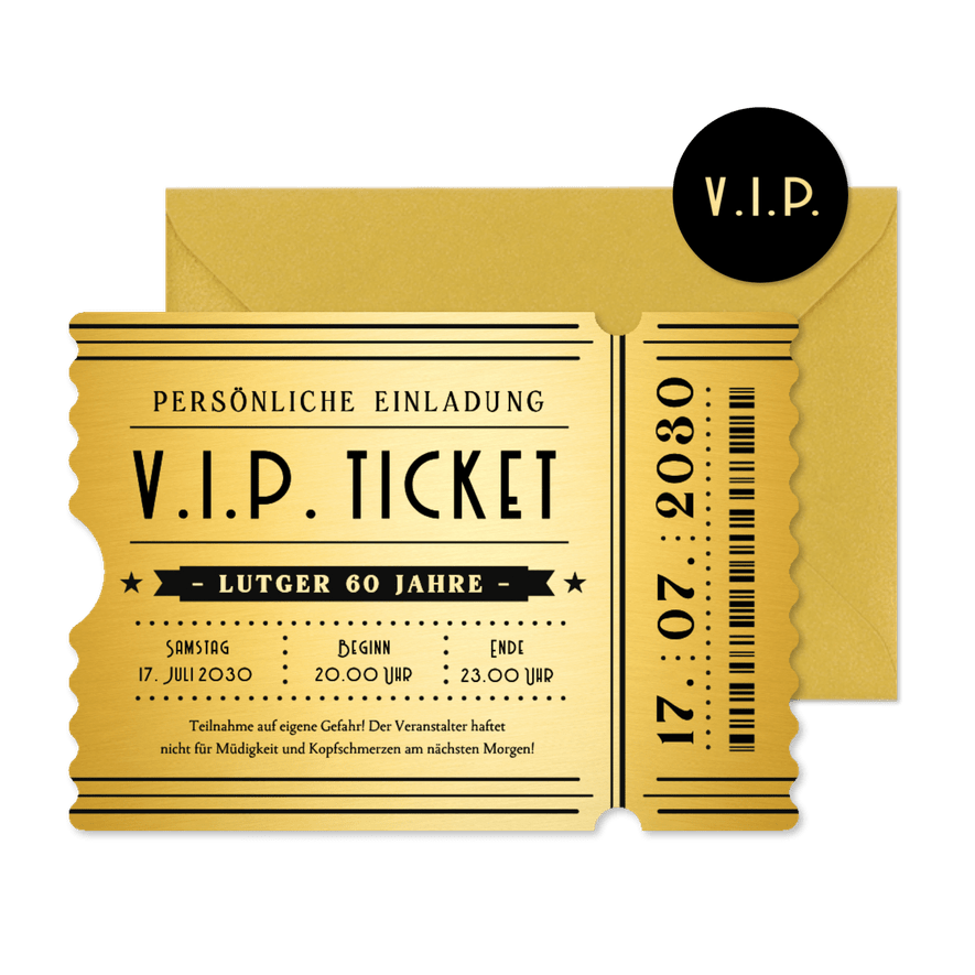 Einladung Ticketkarte gold V.I.P. 60. Geburtstag - Kartenvorschau

