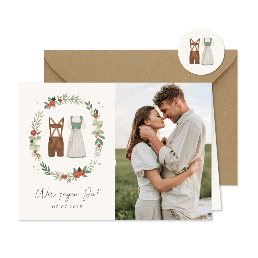 Einladung Trachtenhochzeit Foto, Dirndl & Lederhose - Karteneindruck