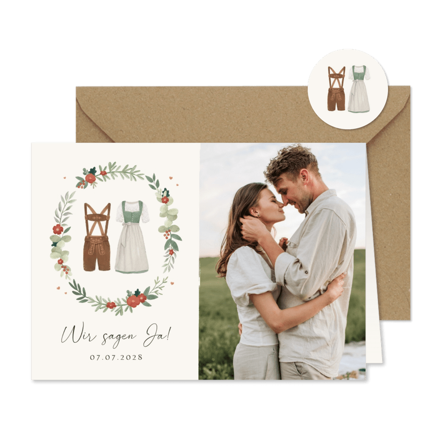 Einladung Trachtenhochzeit Foto, Dirndl & Lederhose - Kartenvorschau
