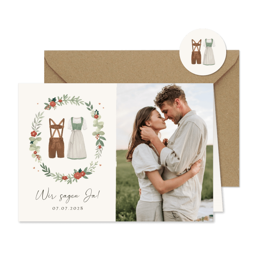Einladung Trachtenhochzeit Foto, Dirndl & Lederhose - Karteneindruck