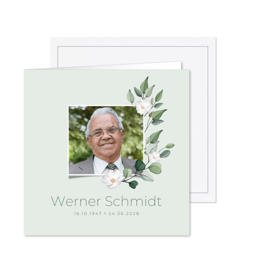 Einladung Trauerfeier Foto und Aquarellblumen - Karteneindruck