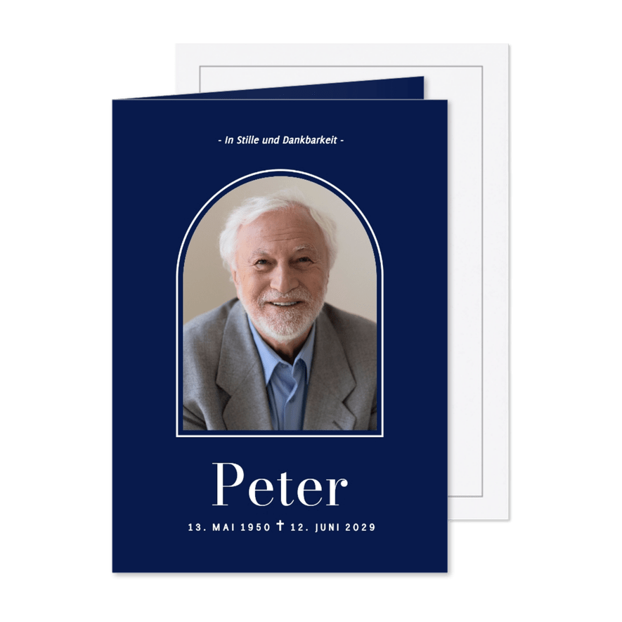 Einladung Trauerfeier mit Foto Bogen dunkelblau  - Karteneindruck
