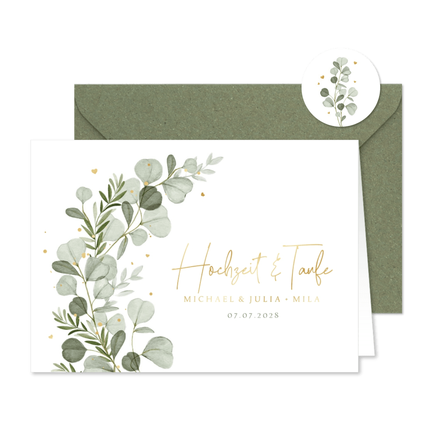 Einladung Traufe Aquarellzweige Goldschrift - Karteneindruck
