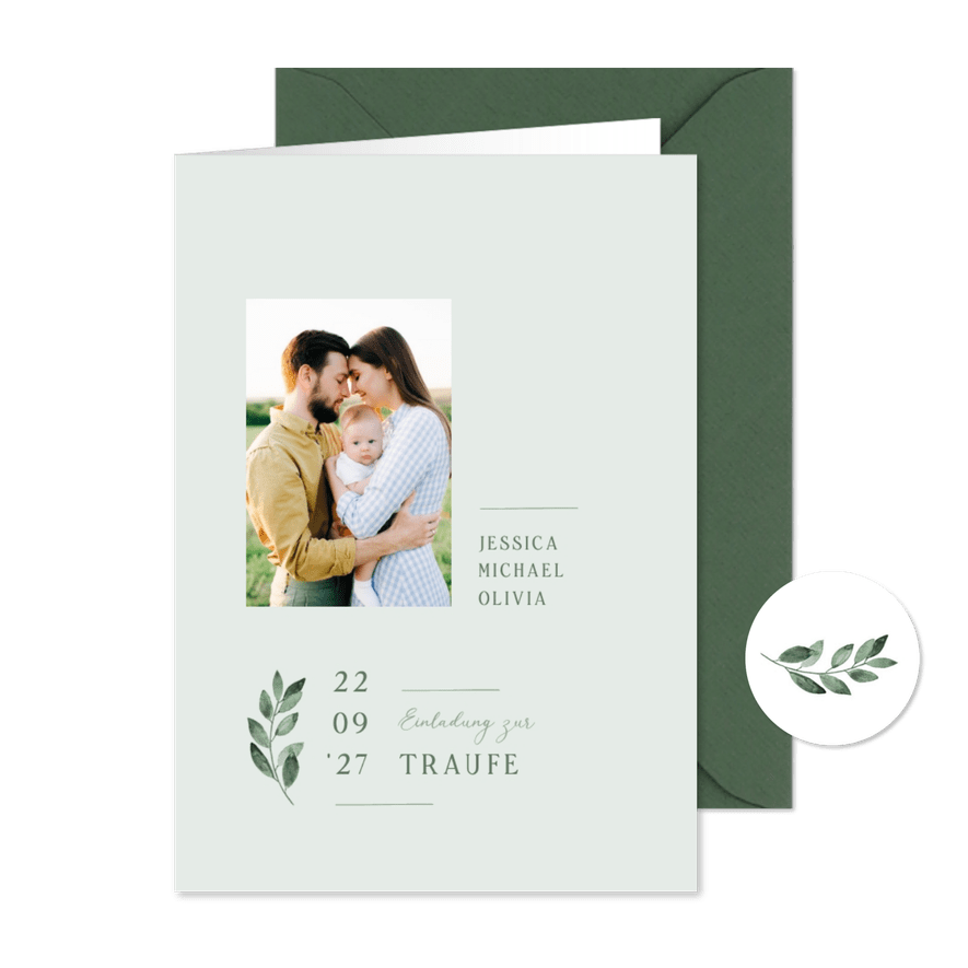 Einladung Traufe Foto & grüner Zweig - Karteneindruck
