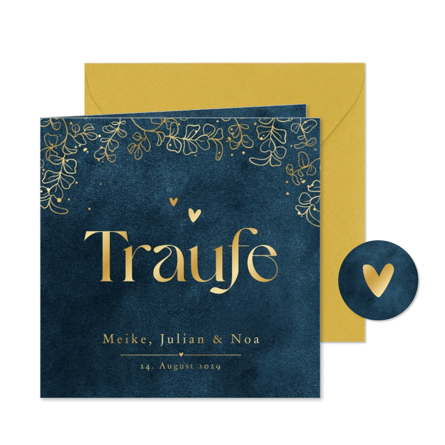 Einladung Traufe Goldblätter & Herzen - Karteneindruck