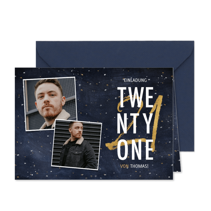 Einladung 'Twenty One' mit Fotos und goldener 21 - Karteneindruck