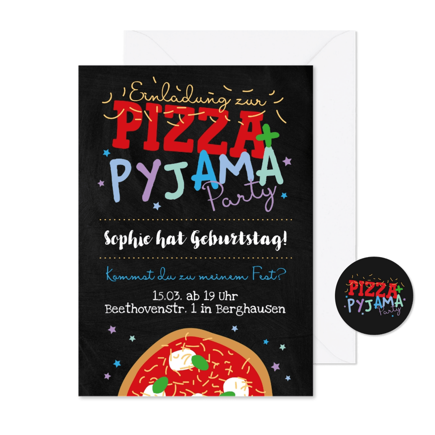 Einladung Übernachtungsparty Pizza & Pyjama 12. Geburtstag - Karteneindruck
