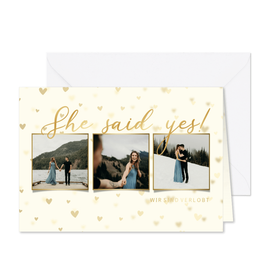 Einladung Verlobungsfeier Fotocollage und Herzen - Karteneindruck
