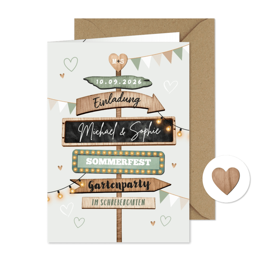 Einladung Wegweiser Gartenparty Schrebergarten Hochzeitstag - Kartenvorschau