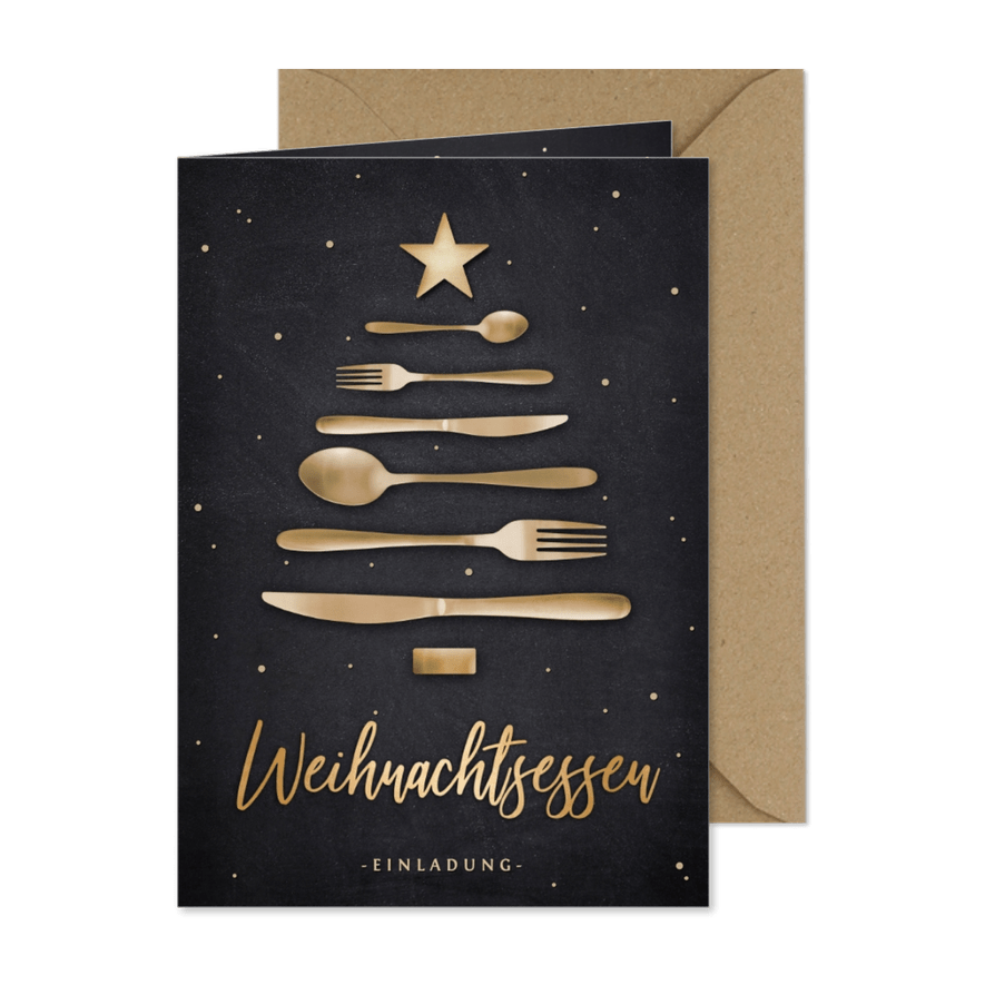 Einladung Weihnachtsessen Besteck-Weihnachtsbaum - Karteneindruck
