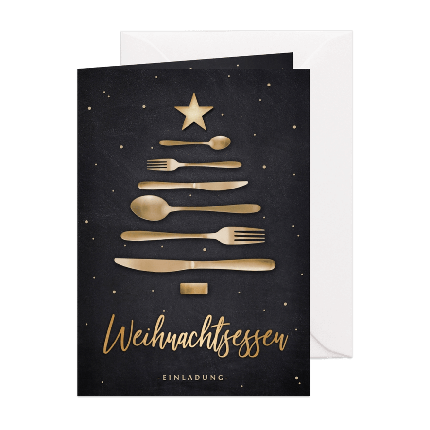 Einladung Weihnachtsessen Besteck-Weihnachtsbaum - Karteneindruck
