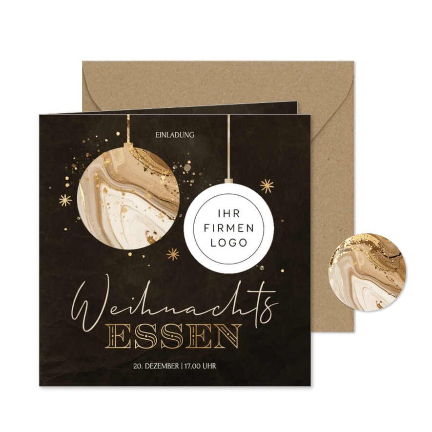 Einladung Weihnachtsessen geschäftlich Logo Weihnachtskugel - Karteneindruck

