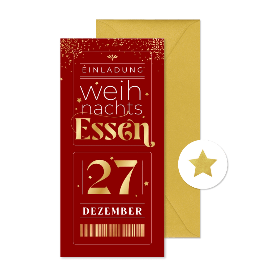 Einladung Weihnachtsessen Goldschrift auf Rot - Kartenvorschau