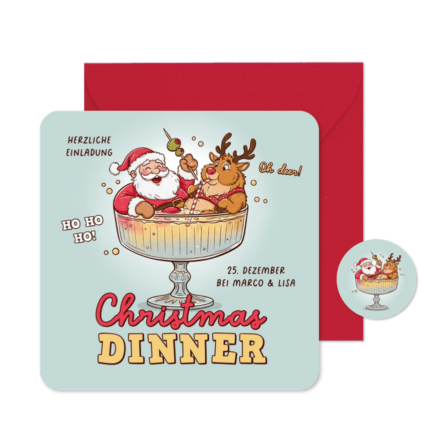 Einladung Weihnachtsessen lustiger Weihnachtsmann & Rentier - Kartenvorschau