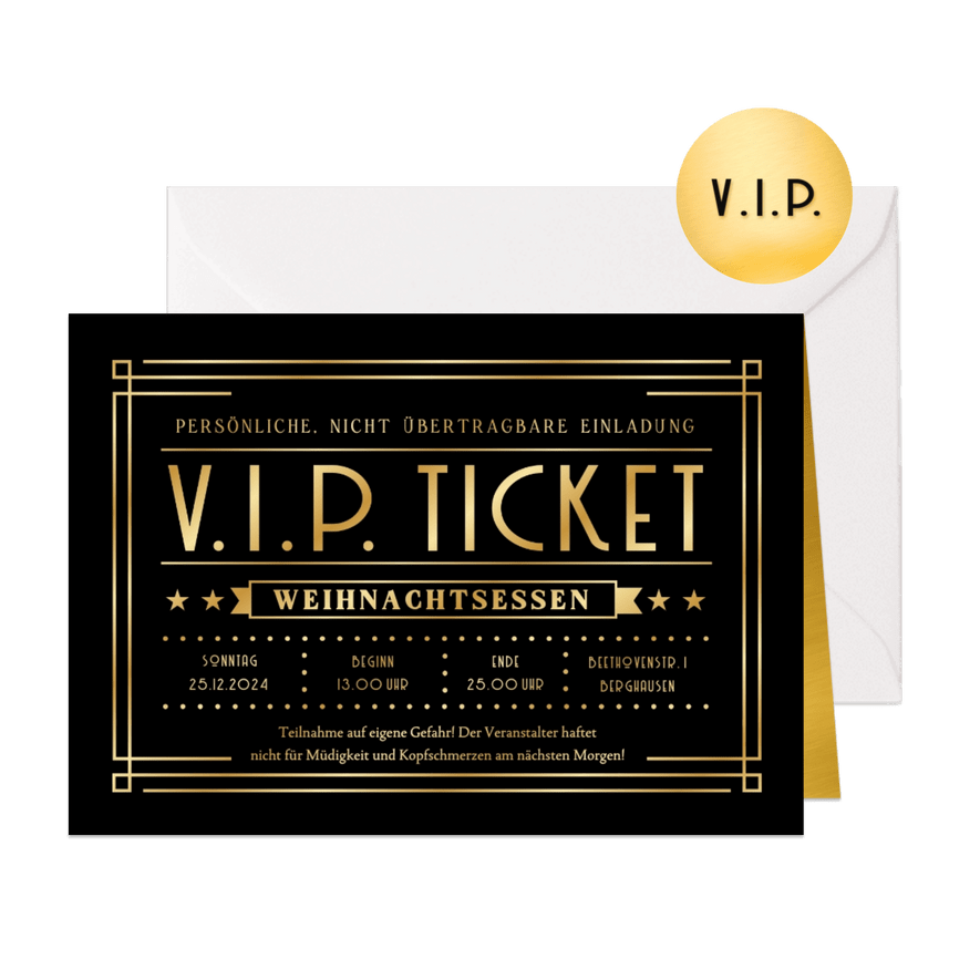 Einladung Weihnachtsessen 'VIP Ticket'  - Karteneindruck
