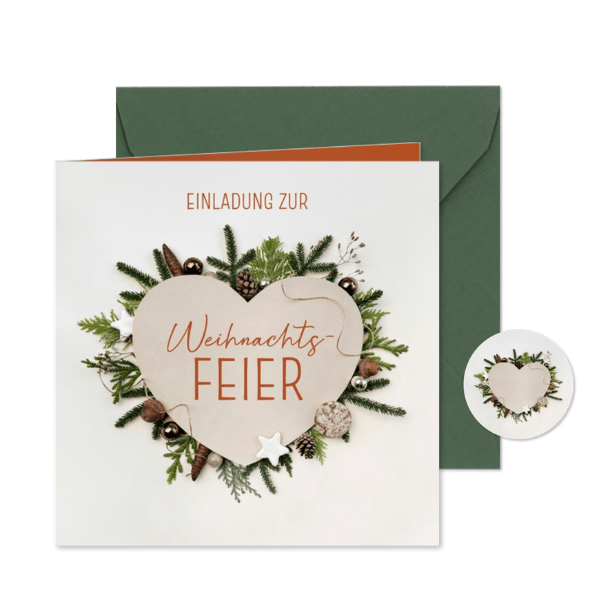 Einladung Weihnachtsfeier Herz Naturdeko - Karteneindruck