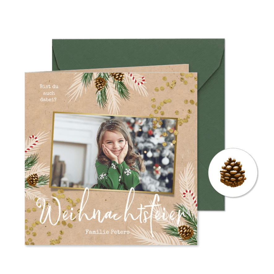 Einladung Weihnachtsfeier mit Tannenzweigen, Konfetti & Foto - Karteneindruck