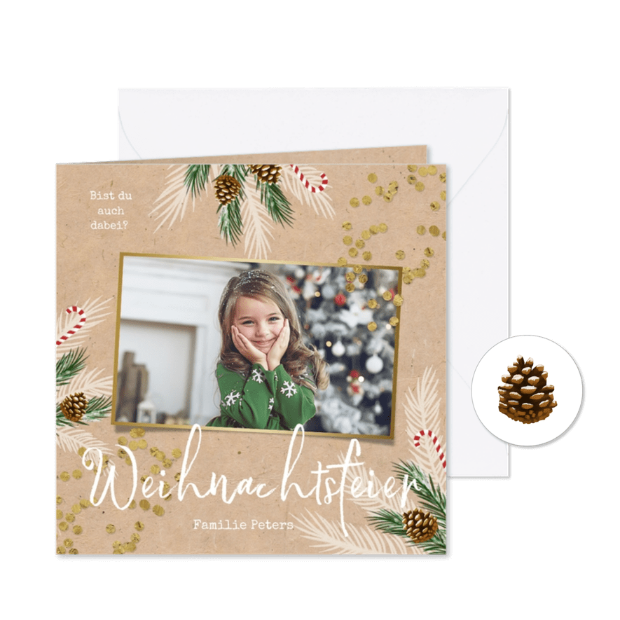 Einladung Weihnachtsfeier mit Tannenzweigen, Konfetti & Foto - Karteneindruck