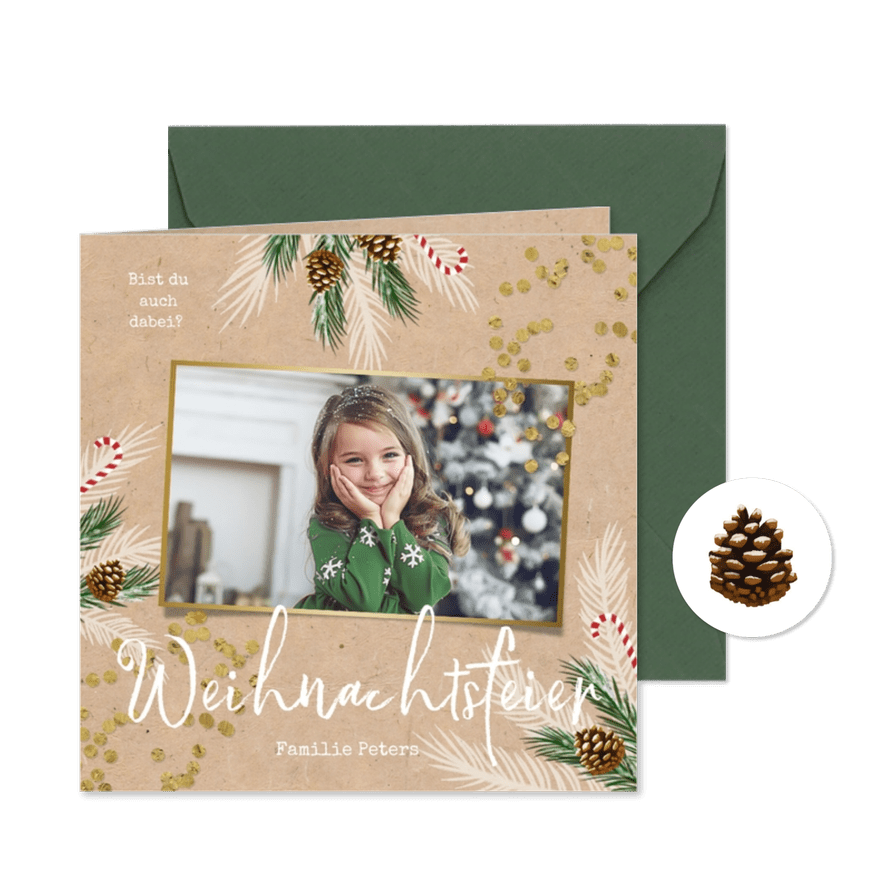 Einladung Weihnachtsfeier mit Tannenzweigen, Konfetti & Foto - Kartenvorschau