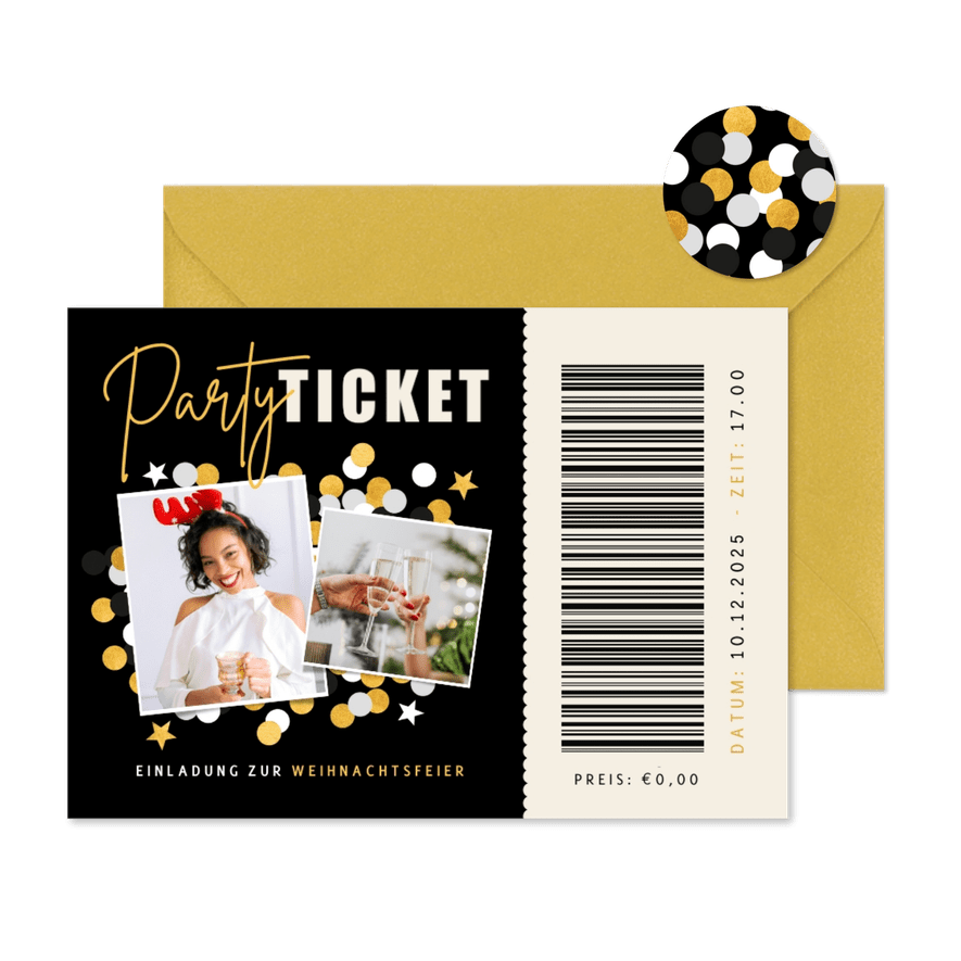 Einladung Weihnachtsfeier Partyticket mit Fotocollage - Karteneindruck
