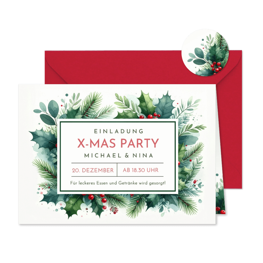 Einladung Weihnachtsfeier X-Mas Party Ilexzweige - Karteneindruck