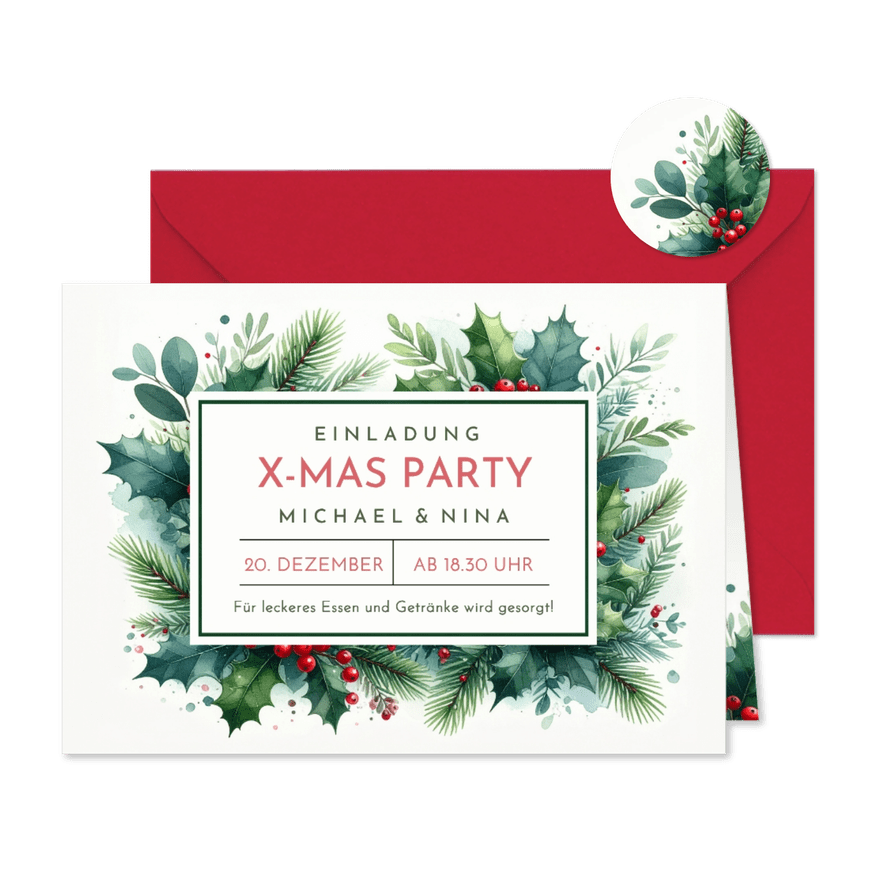 Einladung Weihnachtsfeier X-Mas Party Ilexzweige - Karteneindruck
