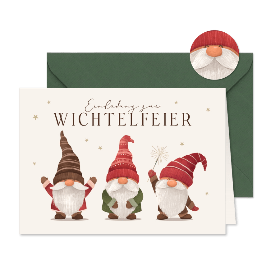 Einladung Wichtelfeier Firma 3 Wichtel - Karteneindruck