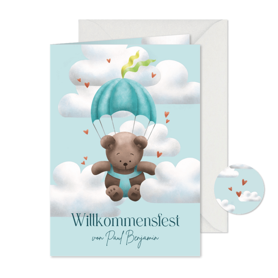 Einladung Willkommensfest Bär blau mit Fallschirm - Karteneindruck
