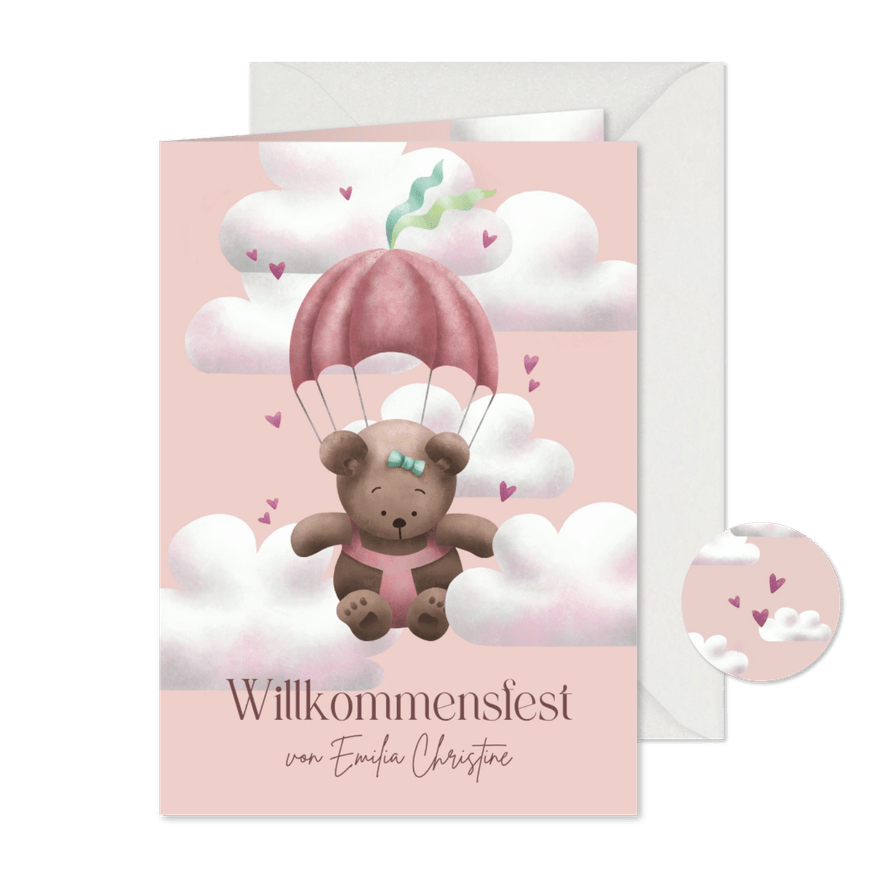 Einladung Willkommensfest Bär rosa mit Fallschirm - Karteneindruck
