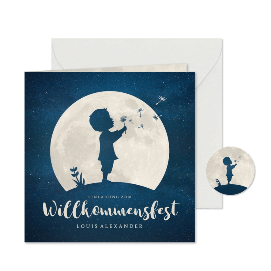 Einladung Willkommensfest Junge, Pusteblume & Mond - Karteneindruck