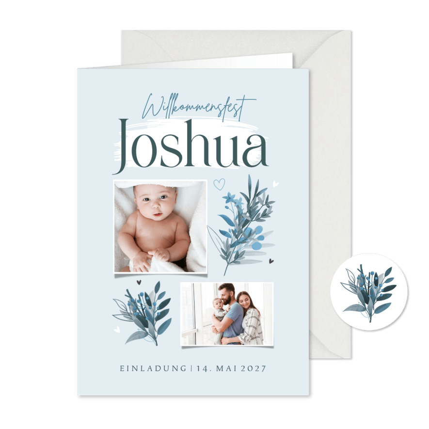 Einladung Willkommensfest Kind Fotos & Zweige - Karteneindruck