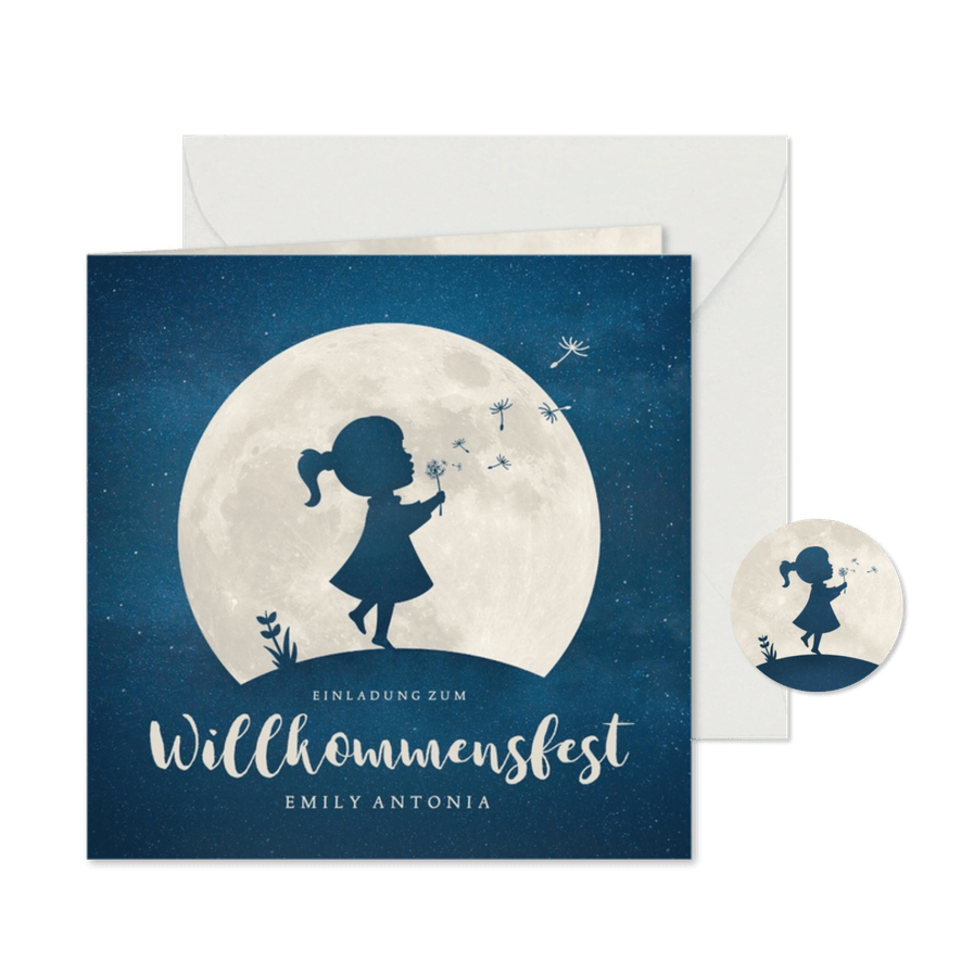 Einladung Willkommensfest Mädchen, Pusteblume & Mond - Karteneindruck