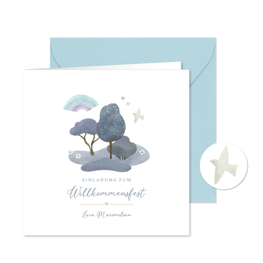 Einladung Willkommensfest Natur blau - Karteneindruck
